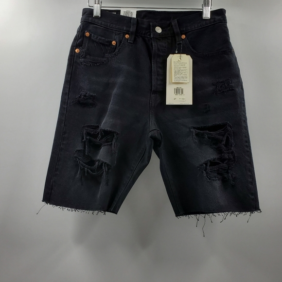Levi's 501 High Waisted Jean Shorts Distressed Raw Fray Hem Black